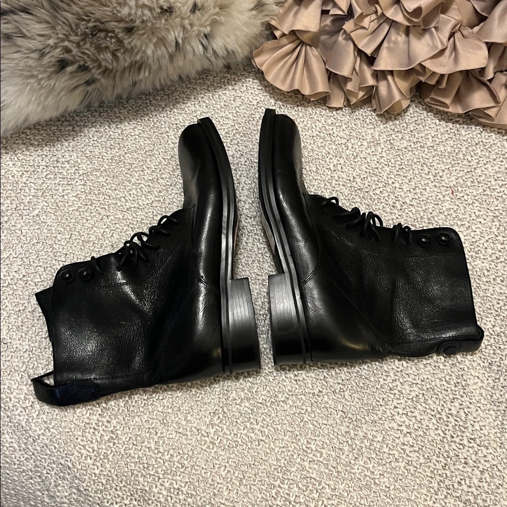 Coupe De Foundre Black Leather Lace-Up Zipper Moto Combat Boots - Picture 4 of 11